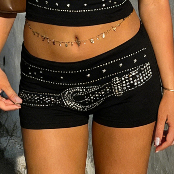 Gothic Black Rhinestone Embellished Shorts Dark Punk Style Low-Rise Hot Pants